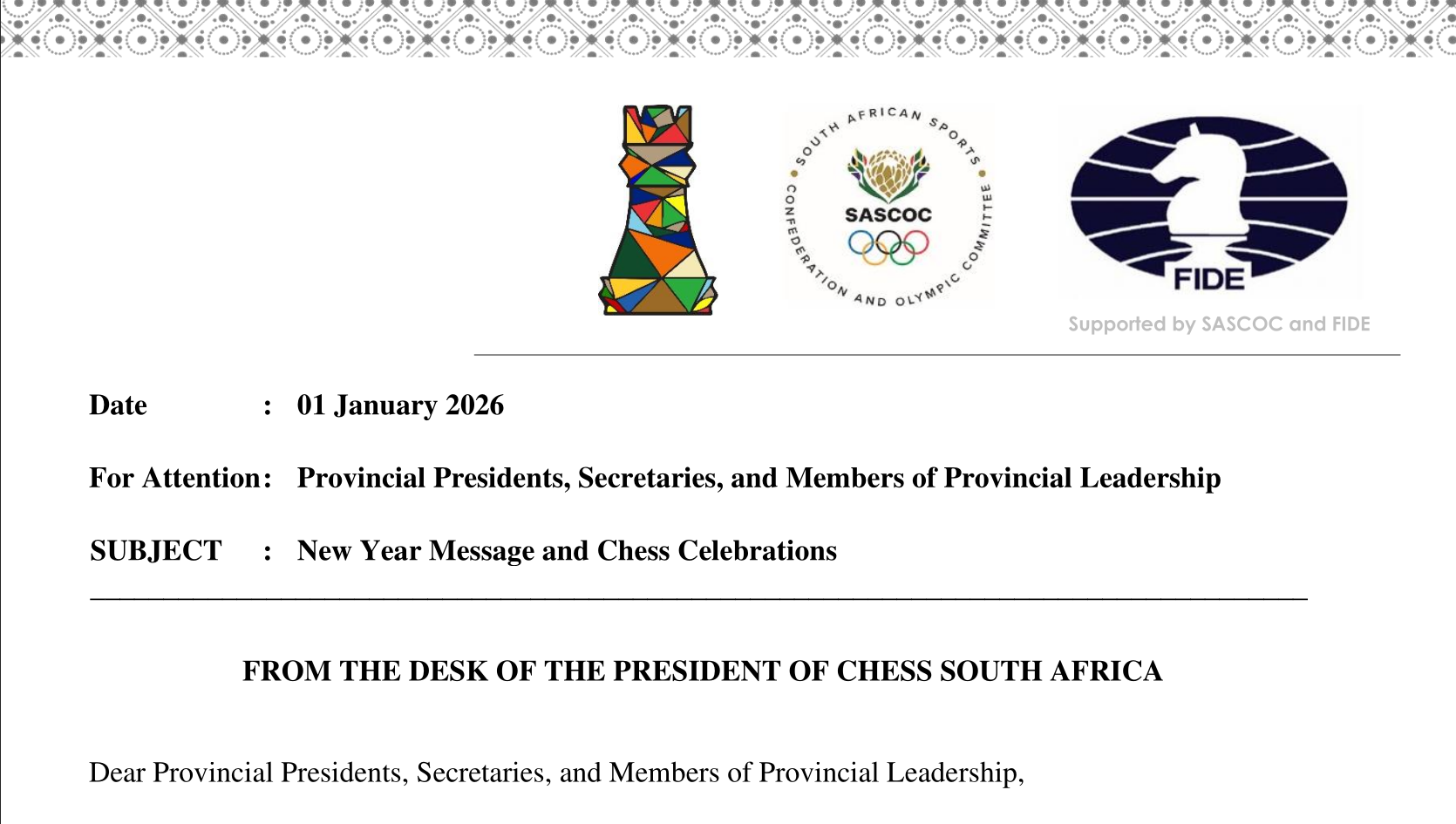 New Year Message and Chess Celebrations